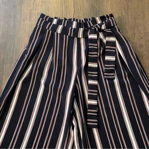 Zara M stripe gouchos pant trousers summer black white red belt pocket high rise - Picture 2 of 7